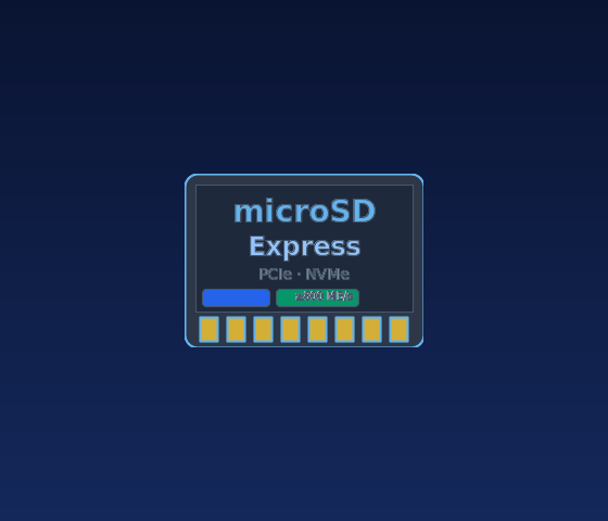 Karta pamięci microSD Express na niebieskim tle – widoczne oznaczenie PCIe i NVMe